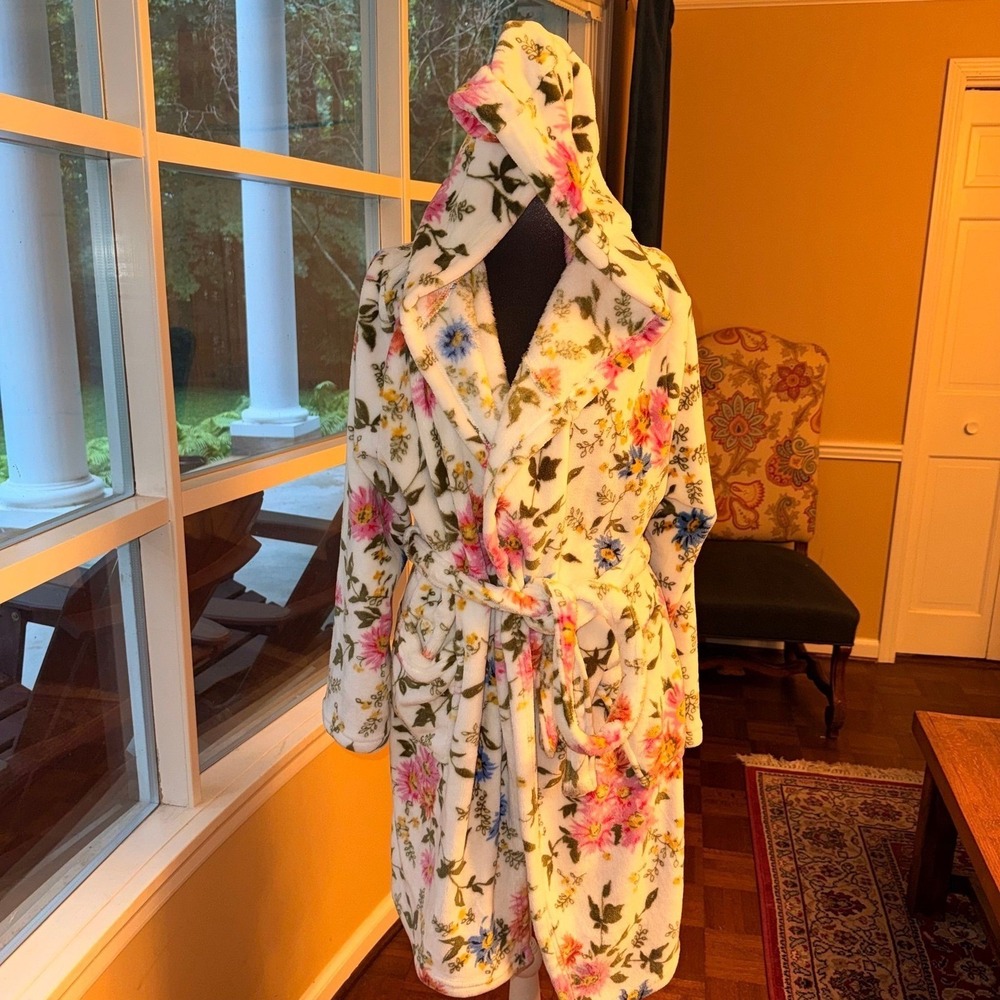 Wild Sage Sadie Hooded Bath Robe with a floral print flannel fleece Sz L/XL - Picture 6 of 10